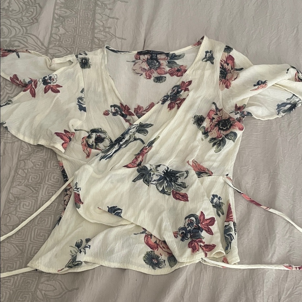 One Clothing Floral Wrap Blouse - Cream and Pink